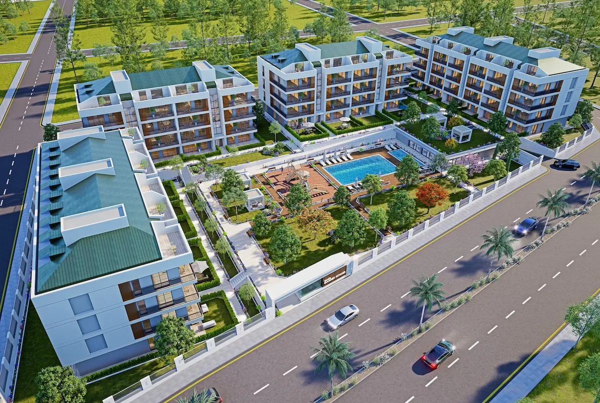 Modern residential homes with contemporary architecture and green landscaping in the Büyükçekmece district, Istanbul.